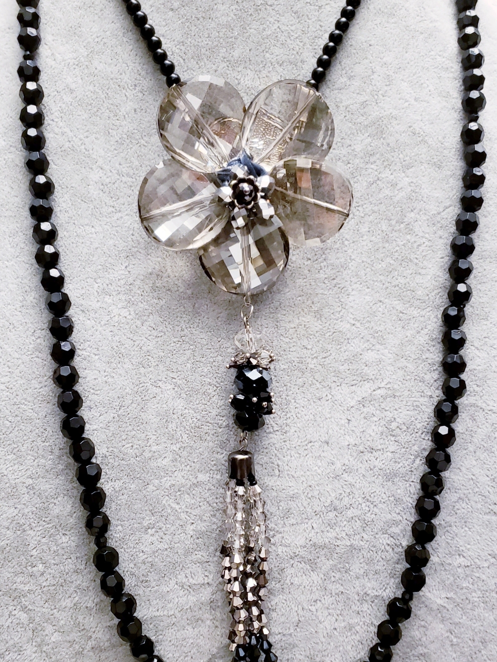 Crystal Flower Pendant Black Beaded Necklace